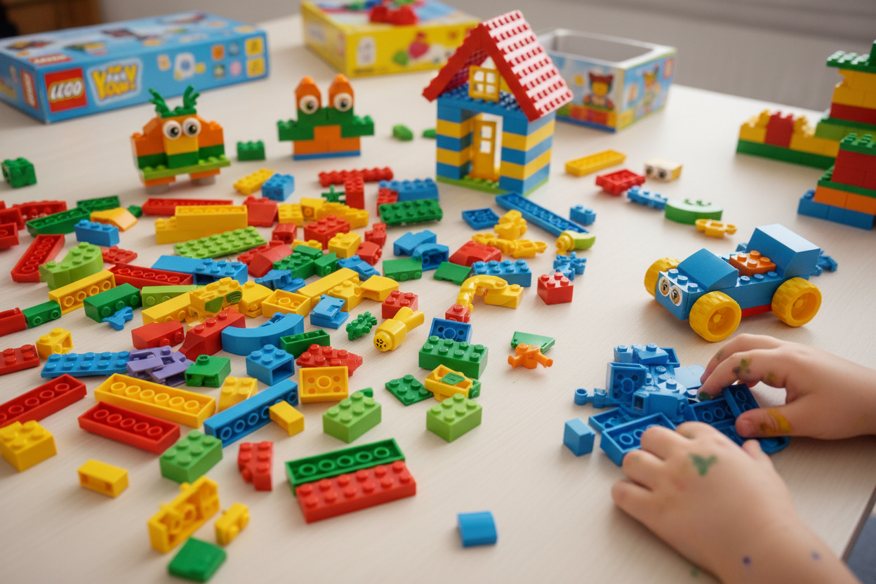 un juguete de mesa con varias piezas lego para que juegue un niño